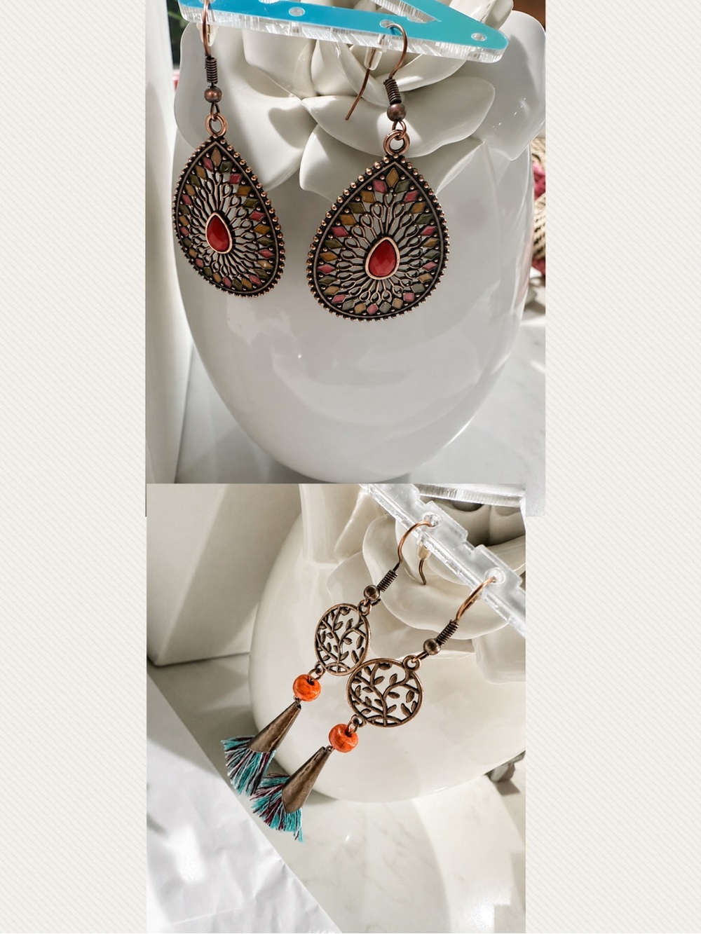 Boho Teardrop & Tassel Earrings 2 Sets- Pink, Orange, Teal Accents